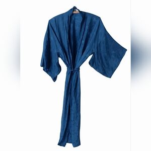 1970s 100% Silk Kimono Robe Blue Bamboo Jacquard Belted Asian Lounge Robe M/L